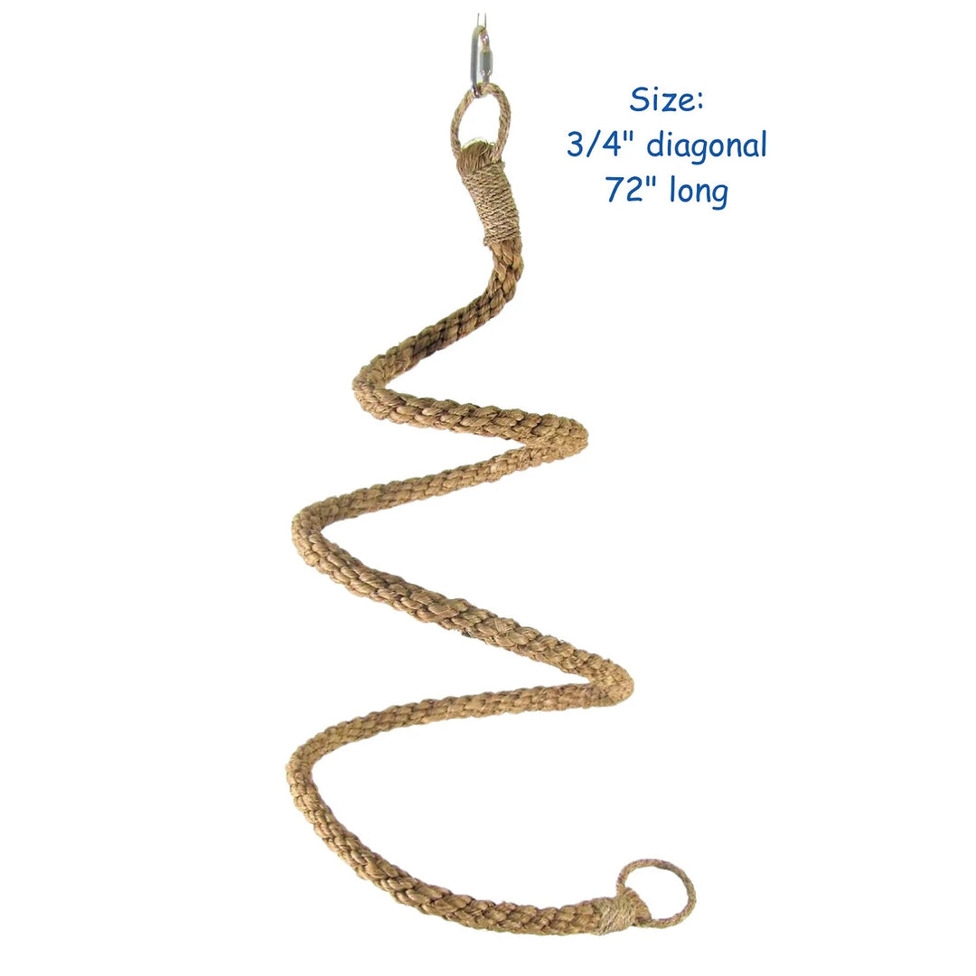 A tan braided snake-shaped hanging rope accessory with a metal ring at the top and a loop at the bottom, shown on a white background with text noting size as 3/4" diagonal and 72" long- Planet Pleasures Abaca Rope Boing - Small