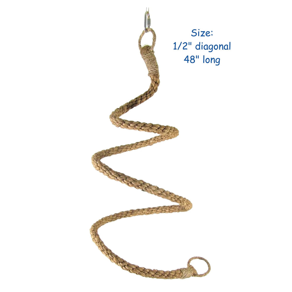 A coiled tan braided rope or snake-like accessory with a metal ring at the top and a loop at the bottom, shown on a white background with text reading 'Size: 1/2" diagonal 48" long' - Planet Pleasures Abaca Rope Boing - Small