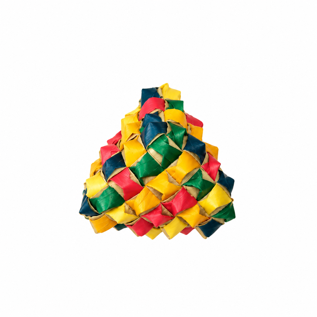 A colorful woven ball toy made of interlaced yellow, green, and red strips, photographed on a solid white background - Planet Pleasures Woven Diamond Foot Toy – Large