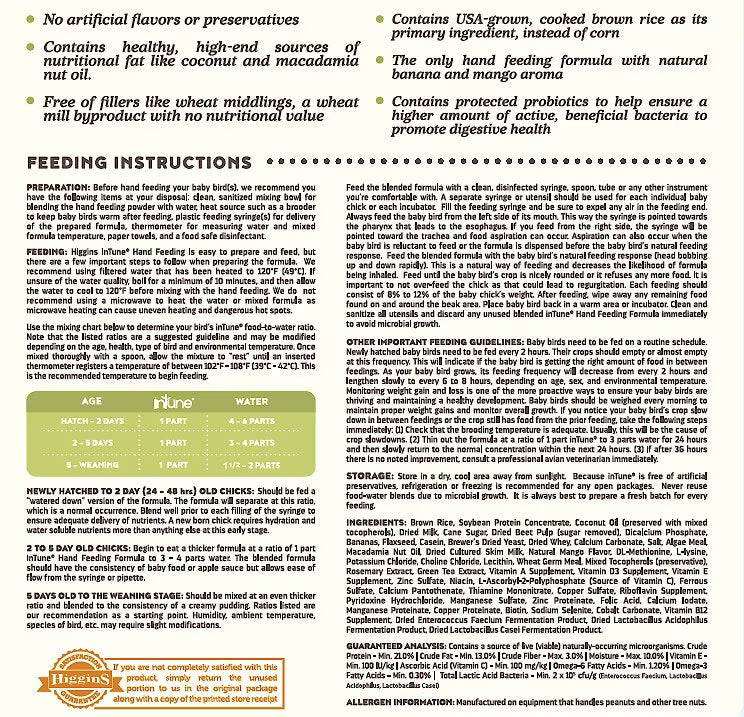 product's nutritional facts, feeding instructions, age guidelines, ingredients