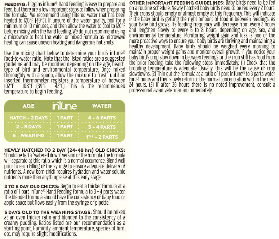 Informational sheet with feeding and age guidelines for baby birds, 