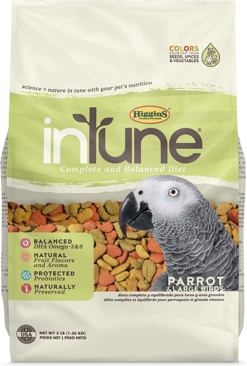 A bag of Higgin's Intune Large Bird Parrot food, featuring a parrot illustration on a beige and light green bag with colorful bird kibble visible through a window.