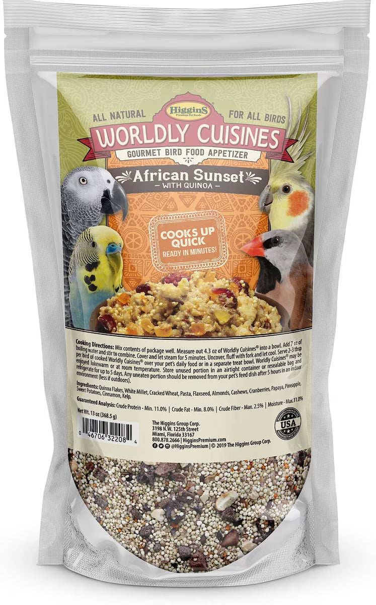 A stand-up pouch of Higley's Worldly Cuisines African Sunset bird appetizer, filled with mixed bird seeds and shown against a plain white background.