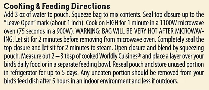 Cooking & Feeding Directions printed in black text on a light beige background, detailing how to mix contents, seal, cook in a microwave, and store the prepared pouch.