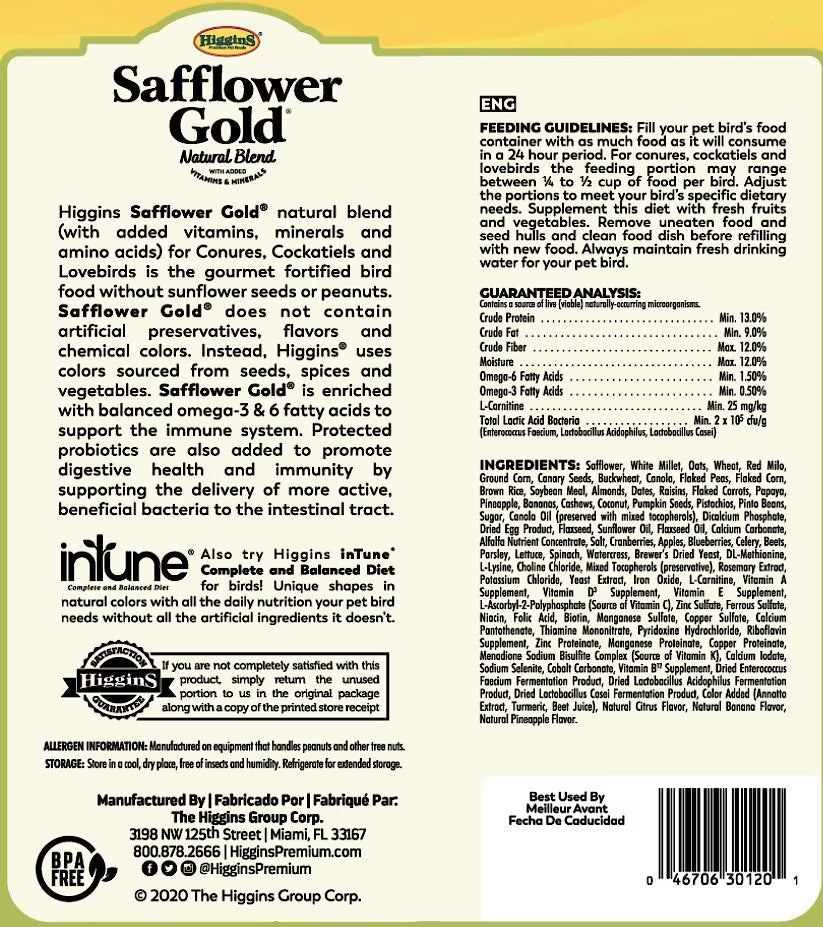 Back of the box for Higgins Safflower Gold Natural Blend bird food, showing feeding guidelines