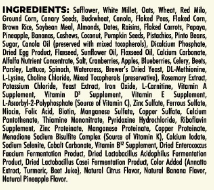 A close-up of a printed ingredients list on a white sheet of paper, listing various food and supplement ingredients in small black text.