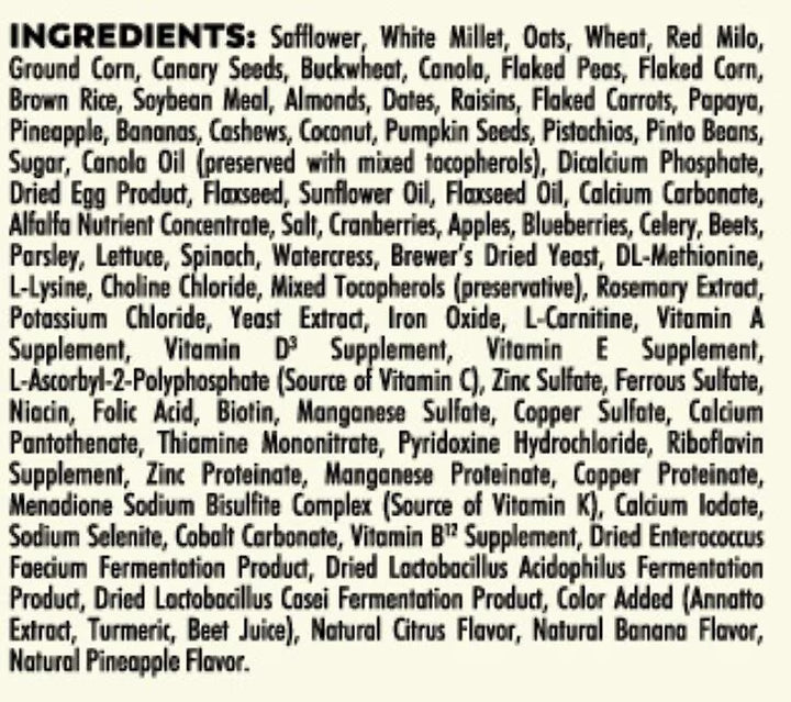 A close-up of a printed ingredients list on a white sheet of paper, listing various food and supplement ingredients in small black text.