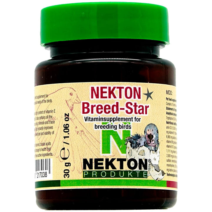 A jar of Nekton Breed-Star vitamin supplement for breeding birds, featuring a bright green lid, dark amber bottle, and a beige label with red and green text.
