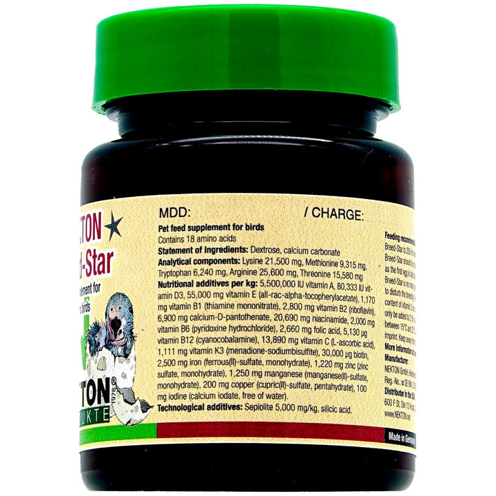 A bottle of Kinetix 'On Top' pet food supplement for birds, featuring a dark brown bottle with a bright green cap and a beige label with black text and a cartoon dog illustration.