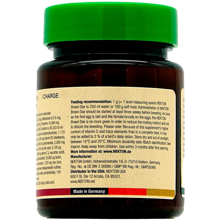A brown plastic supplement bottle with a green cap, showing the back label of NEXKIN I-Charge powder. The label is beige with black text detailing feeding recommendations, manufacturer details, and 'Made in Germany'.