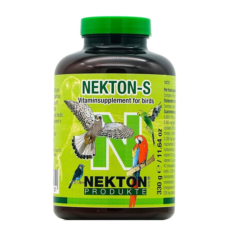 A bottle of Nekton-S vitaminsupplement for birds, featuring a dark brown bottle, a bright green cap, and a lime green label with illustrations of various birds.