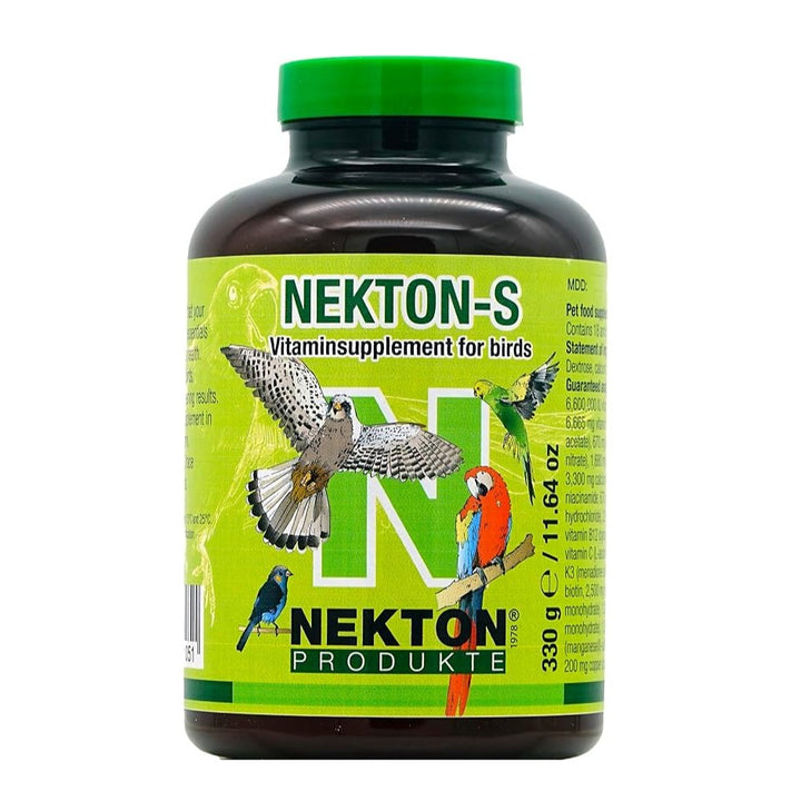 A bottle of Nekton-S vitaminsupplement for birds, featuring a dark brown bottle, a bright green cap, and a lime green label with illustrations of various birds.