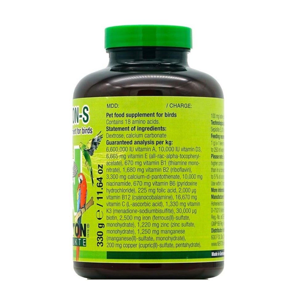 A bottle of Parkeon-ONE Nutrition 'for birds' pet food supplement, featuring a dark brown bottle, a green cap, and a bright lime green label with text and a small parrot illustration.