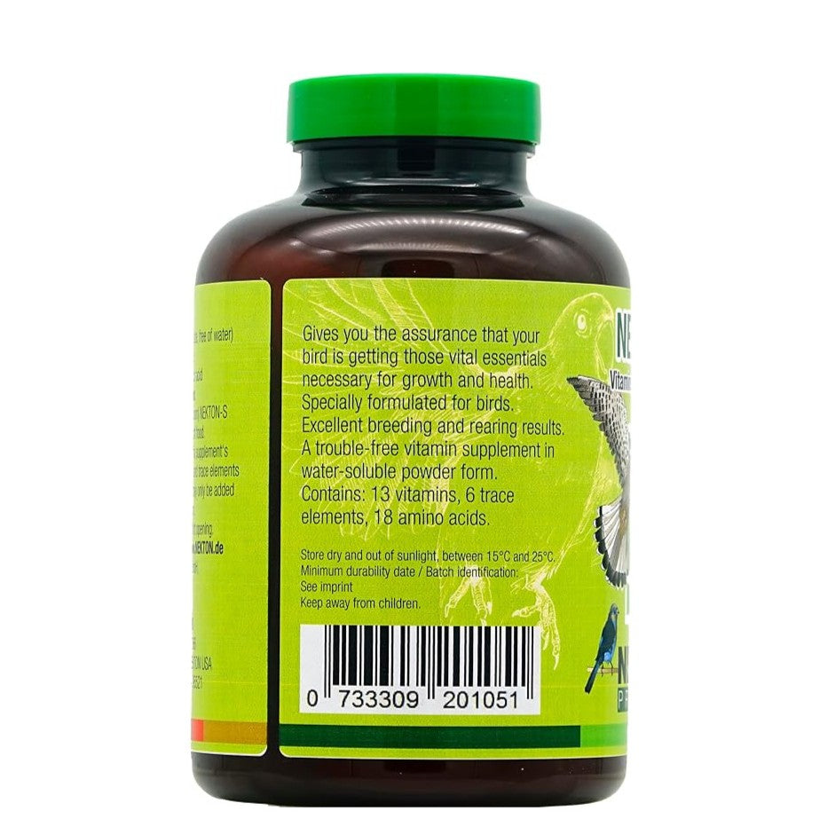 Back view of a dark amber bottle with a bright green cap and lime green label, showing product text and a barcode on a white background.