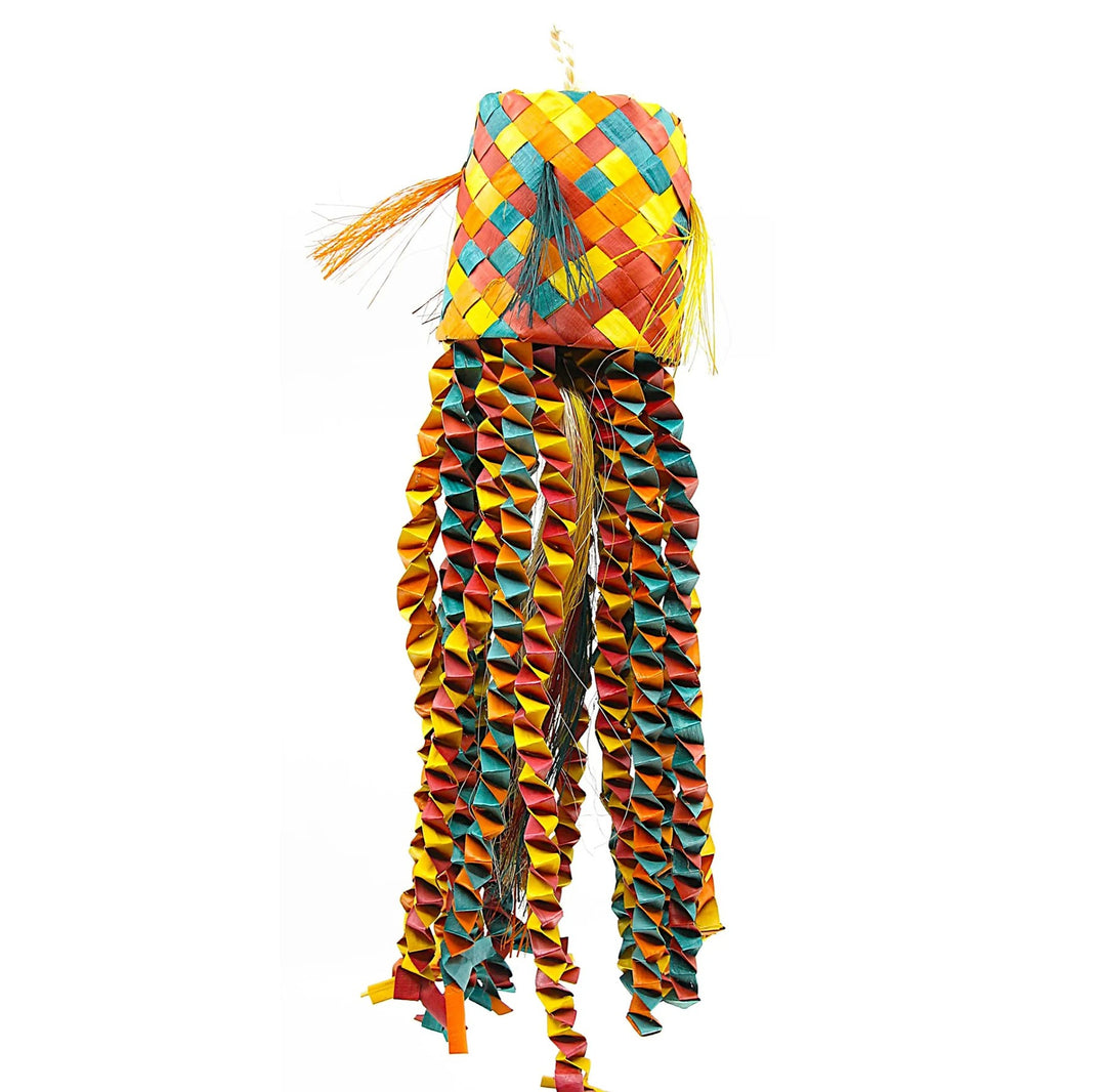 A colorful woven hanging ornament or decorative piece with a square patterned top and long dangling ribbon-like strands, shown against a plain white background - Planet Pleasures Octopus Pinata Bird Toy - Large