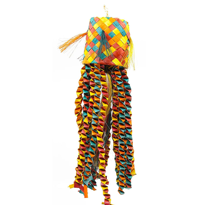 A colorful woven hanging ornament or decorative piece with a square patterned top and long dangling ribbon-like strands, shown against a plain white background - Planet Pleasures Octopus Pinata Bird Toy - Large