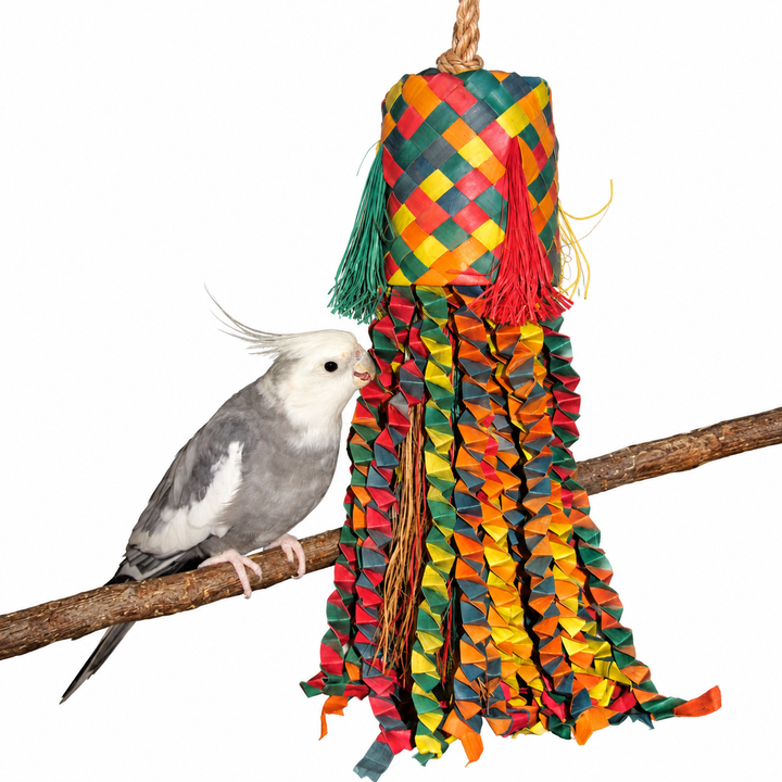 A gray and white cockatiel perched on a wooden branch beside a colorful woven bird toy with hanging paper-like strips in green, red, yellow, orange, and blue on a white background - Planet Pleasures Octopus Pinata Bird Toy - Large
