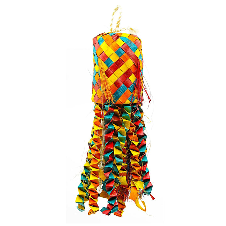 A colorful woven hanging ornament or decorative piece made from bright yellow, red, blue, and orange strips, with a cylindrical patterned top and long dangling ribbon-like strands, shown on a plain white background - Planet Pleasures Octopus Pinata Bird Toy - Medium