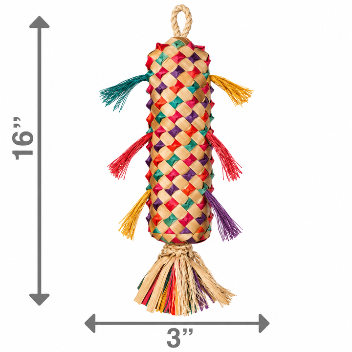 A woven cylindrical pet toy with colorful tassels, shown on a white background with dimension arrows indicating 16 inches tall and 3 inches wide - Planet Pleasures Spiked Pinata Bird Toy - Large