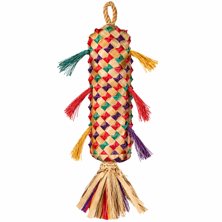 A woven natural-fiber cylindrical pet toy with a hanging loop at the top and a tassel at the bottom, decorated with colorful woven diamond patterns and multicolored tassels on a white background - Planet Pleasures Spiked Pinata Bird Toy - Large
