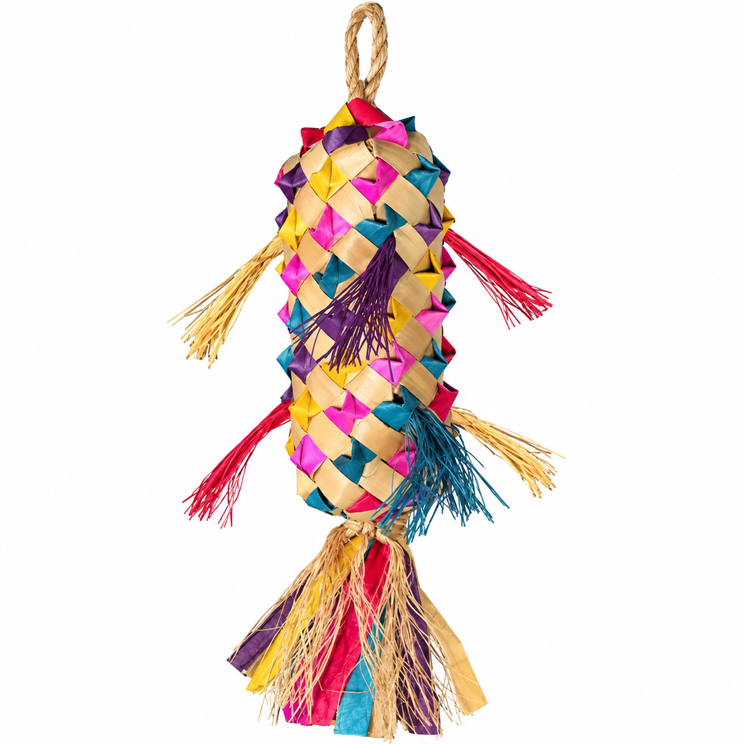 A colorful woven hanging pet toy made from natural fiber strips, featuring a loop at the top, a patterned body with pink, yellow, blue, and purple woven sections, and fringed tassels in multiple colors on a plain white background - Planet Pleasures Parrot Pinatas Spiked - Small
