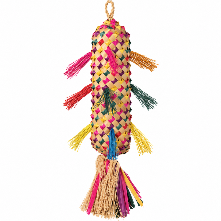 A colorful woven bird toy made from natural straw with bright pink, yellow, green, red, and blue tassels, shown against a plain white background - Planet Pleasures Spiked Pinata Bird Toy - XL