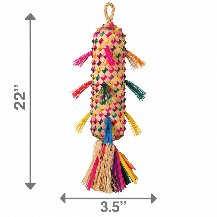 A colorful woven bird toy with tassel accents, shown on a white background with dimension markers indicating a height of 22 inches and width of 3.5 inches - Planet Pleasures Spiked Pinata Bird Toy - XL