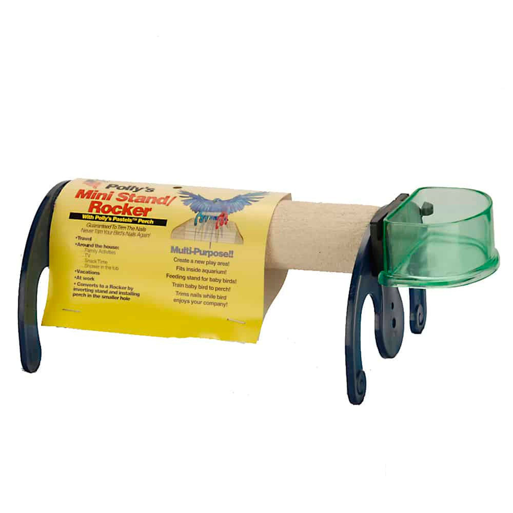 A small wooden bird toy labeled 'Polly's Pet Mini Bird Stand / Rocker - Large' with a yellow paper band, shown on a plain white background. The toy has a natural wood body, black plastic supports, and a translucent green cup.